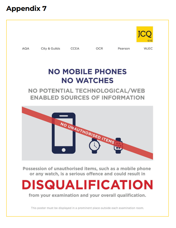 Image informing candidates that they must not bring a watch or phone into the examination.
